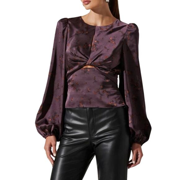 ASTR The Label Twist Front Floral Satin Keyhole Balloon Sleeve Top Plum, 
XL - Picture 2 of 9